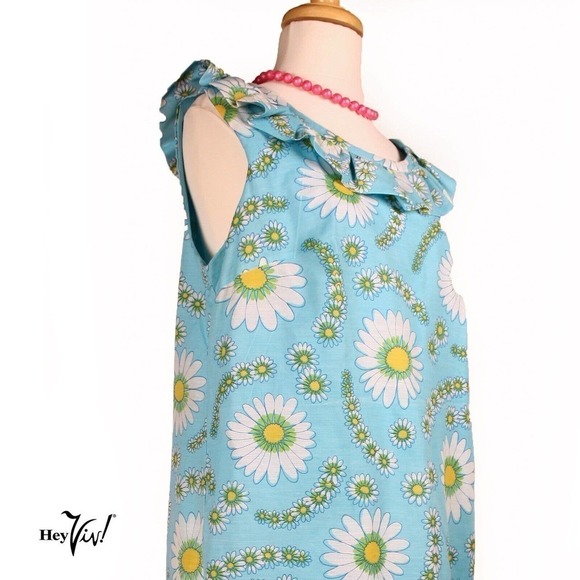 Vintage Sleeveless Daisy Print Dress w Ruffle Neckline Metal Zip Sz XL - Hey Viv - Picture 4 of 7